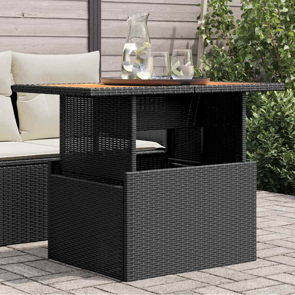 Walplus 2 Seater Black Poly Rattan Liftable Acacia Wood Top Convertible Garden Dining Table