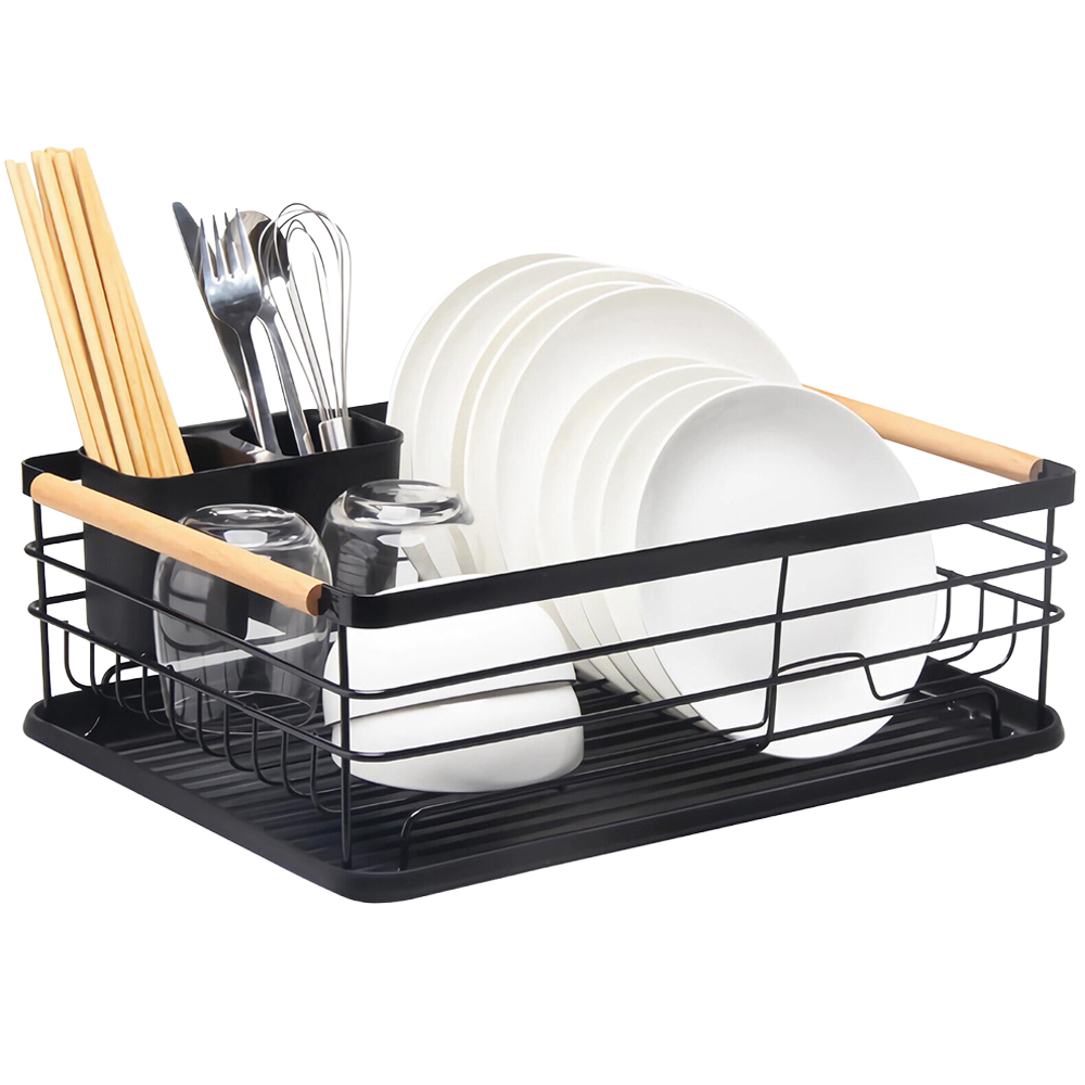 Image of Atek ATEK Black Wooden Handle Dish Drying Rack with Drain Tray and Cutlery Holder