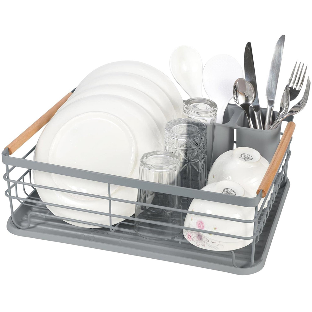 Image of Atek ATEK Grey Wooden Handle Dish Drying Rack with Drain Tray and Cutlery Holder