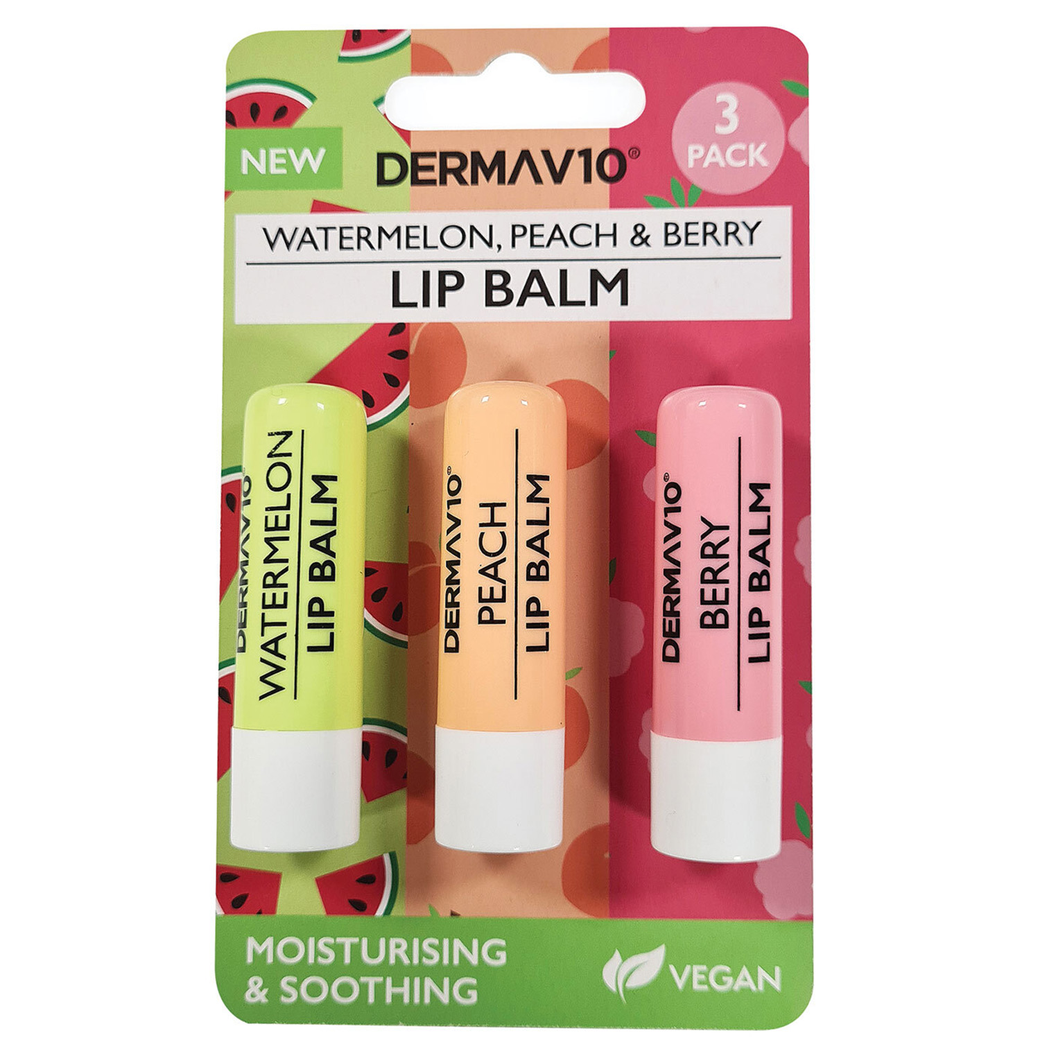 DermaV10 Watermelon Peach Berry Lip Balm Set - 3 Pack - Moisturising and Soothing