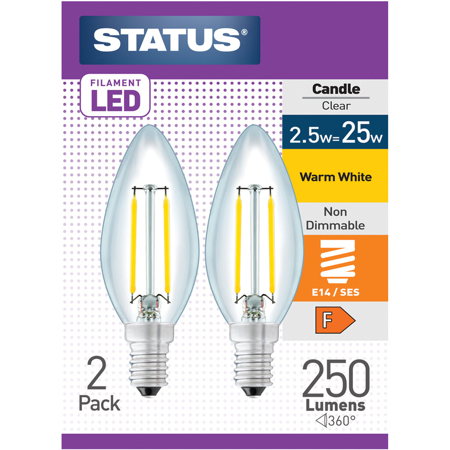 Pack of 2 Status Filament LED Clear Candle Bulbs - Small Edison Screw / SES
