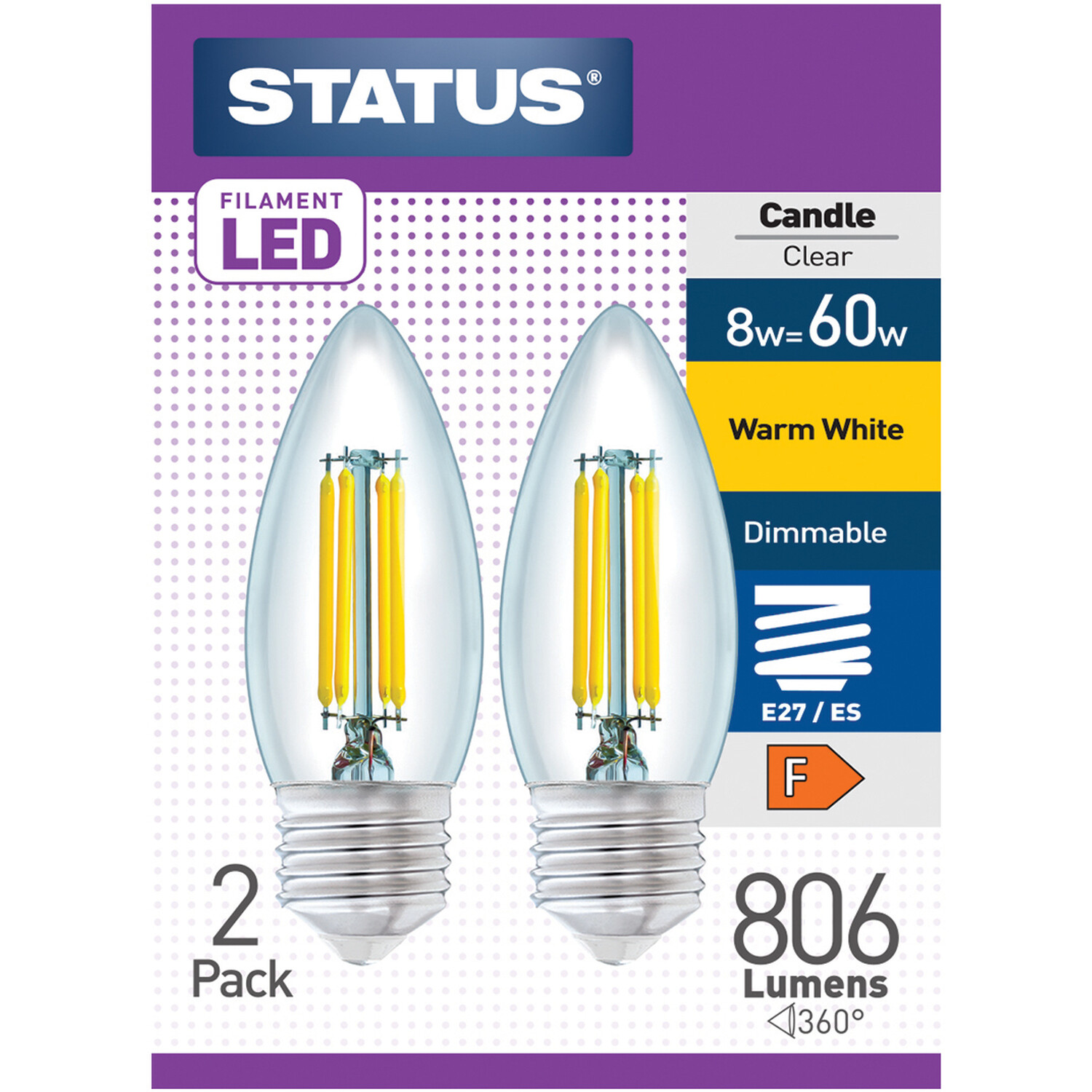Pack of 2 Status Filament LED Dimmable Clear Candle Bulbs