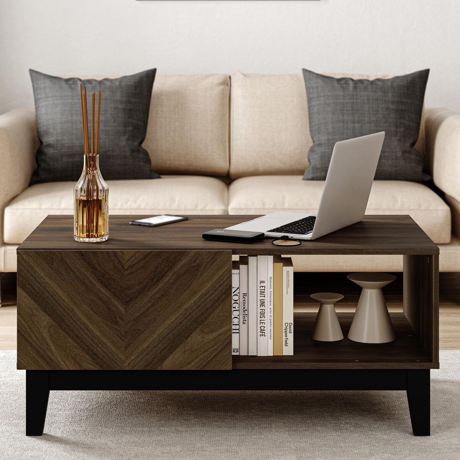Camborne Coffee Table - Single Drawer, Single Shelf, Brown Oak, Modern Design