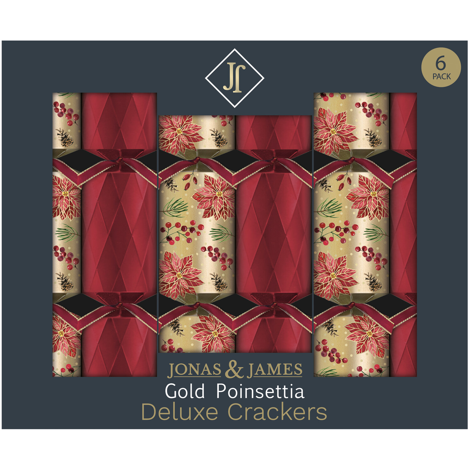 Jonas & James Pack of 6 Deluxe Crackers Red and Gold Poinsettia - Red