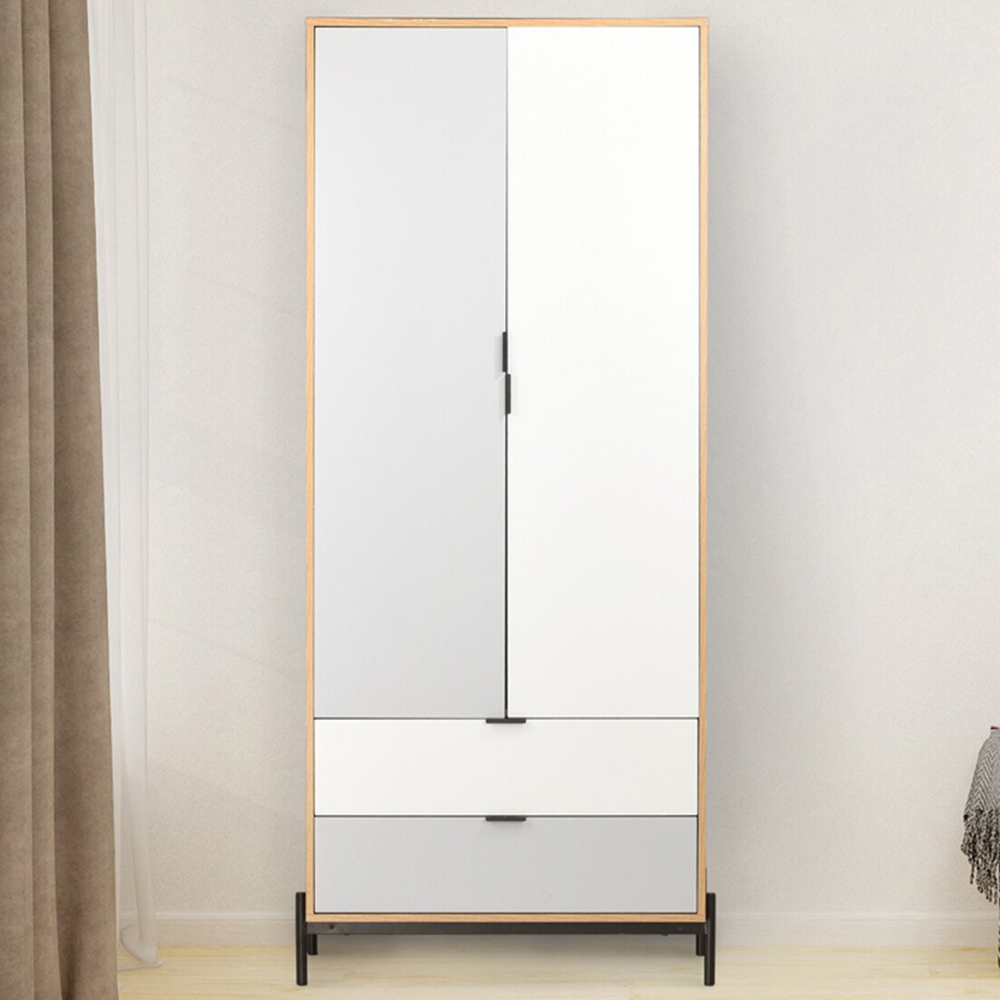 Odin Double Wardrobe - 2 Door Wardrobe with 2 Drawers - White - 193cm Height