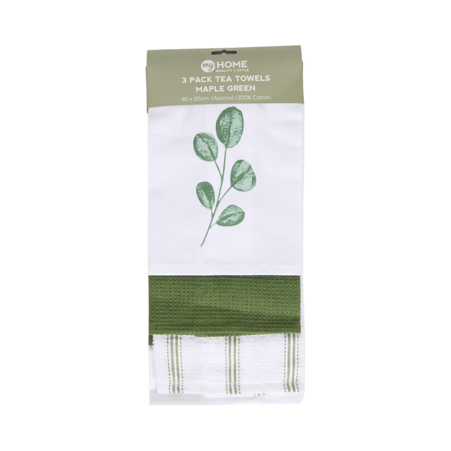 Pack of 3 Maple Green Tea Towels Green and White