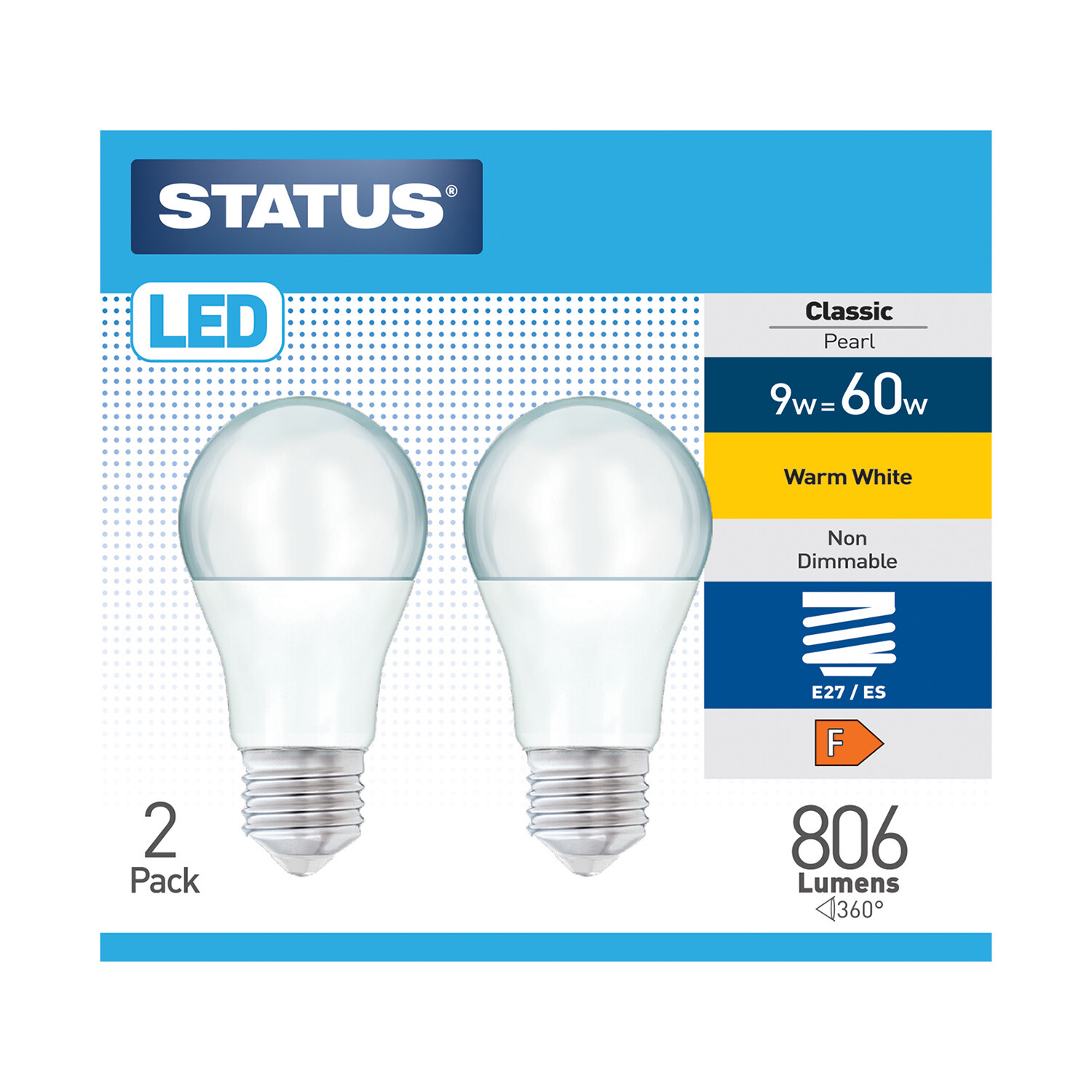 Pack of 2 Status 9.0w=60w LED GLS E27 Pearl Bulbs Warm White