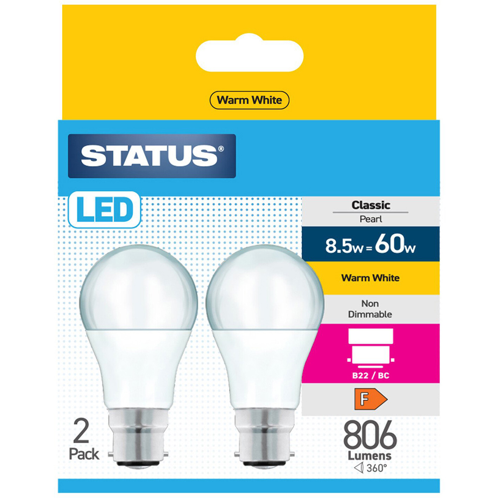 Pack of 2 Status 8.5w=60w LED GLS B22 Pearl Bulbs Warm White
