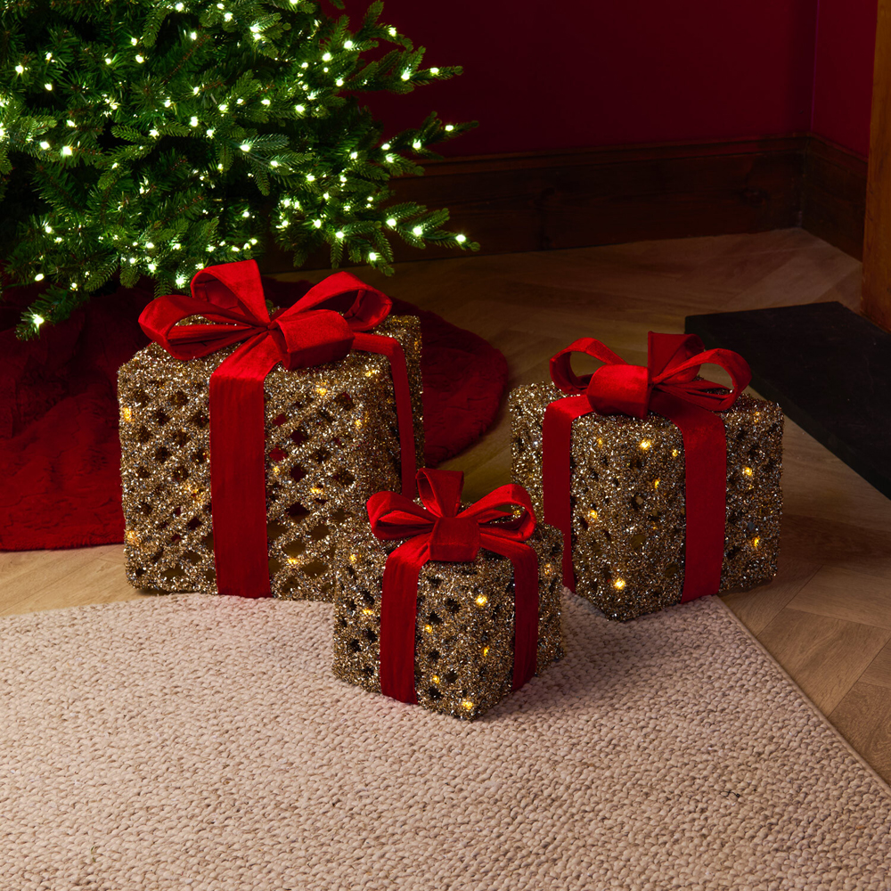 Set of 3 LED Red and Gold Presents