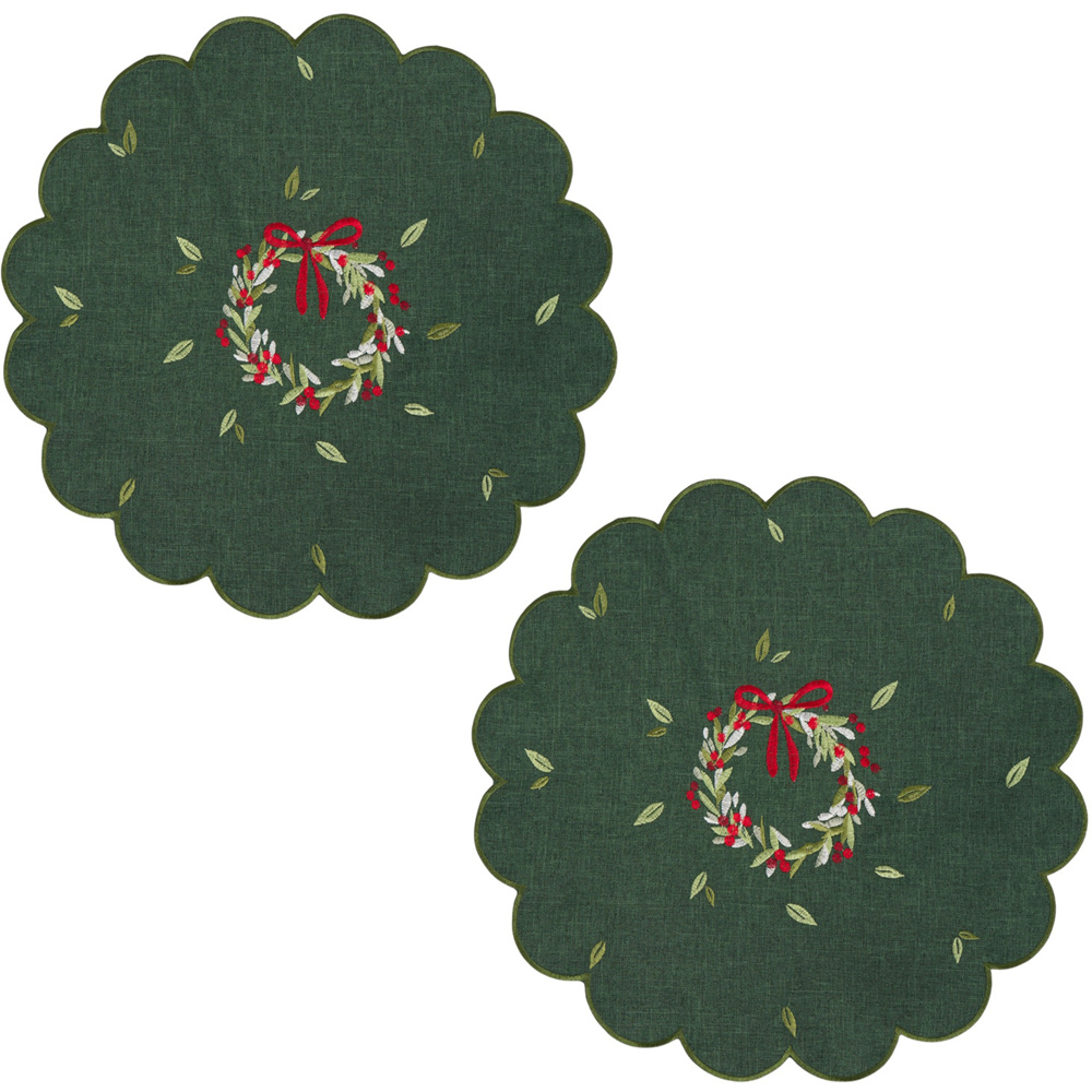 Pack of 2 Wreath Embroidered Placemats Green